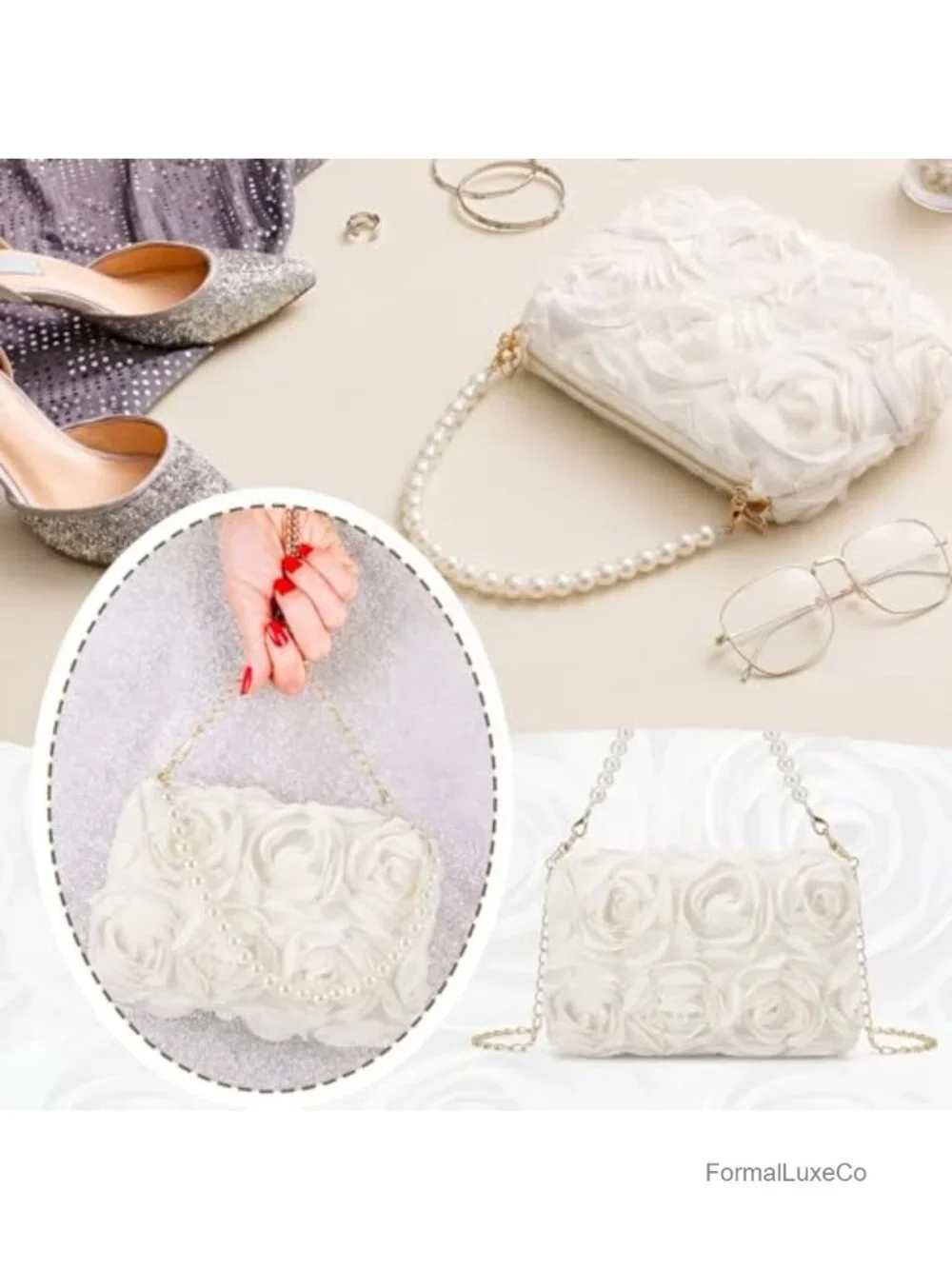 3D Floral Satin Evening Clutch with Pearl Beaded Top Handle Detachable Gold